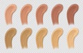 Color foundation smudges. Liquid beige and brown concealer tone strokes. Realistic cosmetic cream base swatches. Makeup