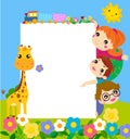 Color frame with group of kids and giraffe,background.