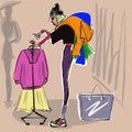 color funny illustration young stylish slim fashion girl shopping chooses clothes