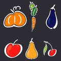 Color garden icon set - spikelet, pumpkin, pear, apple, cherry, carrot, zucchini. Simplified retro illustration