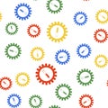 Color Gear and test tube icon isolated seamless pattern on white background. Cogwheel and flask sign. Experiment Royalty Free Stock Photo