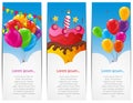 Color Glossy Happy Birthday Balloons and Cake Banner Background Royalty Free Stock Photo