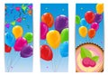 Color Glossy Happy Birthday Balloons and Cake Banner Background Royalty Free Stock Photo