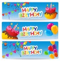 Color Glossy Happy Birthday Balloons and Cake Banner Background Royalty Free Stock Photo