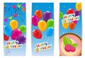 Color Glossy Happy Birthday Balloons and Cake Banner Background Royalty Free Stock Photo