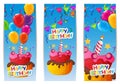 Color Glossy Happy Birthday Balloons and Cake Banner Background Royalty Free Stock Photo