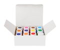 Color gouache jars and color acrylic paints in box