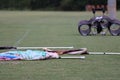 Color guard flags and tenor drum on football field Royalty Free Stock Photo