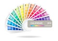 Color guide calendar 2019 Colorful charts samples isolated on white background. Rainbow paper hand fan. Vector illustration. Royalty Free Stock Photo