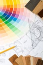 Color guide, material samples and blueprint Royalty Free Stock Photo