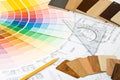 Color guide, material samples and blueprint Royalty Free Stock Photo