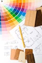 Color guide, material samples and blueprint Royalty Free Stock Photo