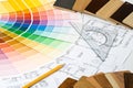 Color guide, material samples and blueprint Royalty Free Stock Photo