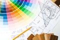 Color guide, material samples and blueprint Royalty Free Stock Photo