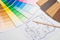Color guide, material samples and blueprint Royalty Free Stock Photo