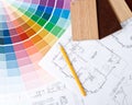 Color guide, material samples and blueprint Royalty Free Stock Photo