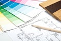 Color guide, material samples and blueprint Royalty Free Stock Photo