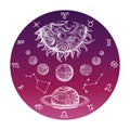 Color hand drawn astrology concept with Zodiac signs and planetary system vector illustration