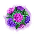 Color hand painted aster bouquete with bright flowers and leaves