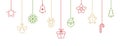 Color hanging baubles with snowflake, candy cane, santa, christmas tree, reindeer, angel, gift box. Christmas long