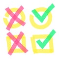 Color highlight marker check marks. Doodle bright green ticks and red crosses in circle and square boxes Royalty Free Stock Photo