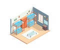 Color Hostel Room Interior Inside Concept Isometric View. Vector