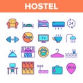 Color Hostel, Tourist Accommodation Vector Linear Icons Set Royalty Free Stock Photo