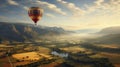 color hot air balloon over a beautiful valley and farm landscape with blue sky and white clouds background Royalty Free Stock Photo