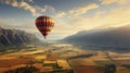 color hot air balloon over a beautiful valley and farm landscape with blue sky and white clouds background Royalty Free Stock Photo