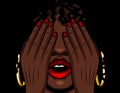 Color illustration african american girl covers her face with her hands. The girl experiences emotions of stress, fear, pai