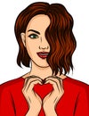 Color illustration of a beautiful girl showing with her hands a heart sign. A young brunette smiles and shows a sign of lov