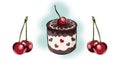 Color illustration of a chocolate cake and cherrys.The cherry dessert