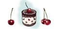 Color illustration of a chocolate cake and cherrys.The cherry dessert