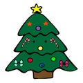 Color illustration christmas tree. Decorations from toys, bows and sweets. Colorless background. Christmas. New Year