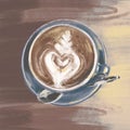 color illustration of a cup with a spoon and a delicious beautiful coffee drink