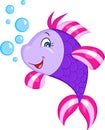 Color illustration of a cute little purple fish, smiling, with bubbles, perfect for children`s book