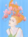 color illustration fashion style portrait of a summer girl with red hair on a bright blue background in flowers of pink magnolia Royalty Free Stock Photo