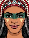 Color illustration of a girl face from an Indian tribe. Bright face makeup and traditional headdress on an Indian girl. Ama