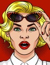 Color illustration of the girl opened her mouth in surprise. Poster in the style of pop art beautiful blonde girl. Girl hol