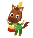 Color illustration for kids, cartoon cute character Horse drummer parade