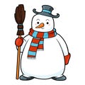 Color illustration for kids, cartoon cute character Snowman with a broom Royalty Free Stock Photo