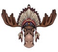 Color illustration of a moose head with antlers and an Indian cap made of feathers. Roach Chieftain. Boho vector colorful