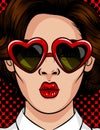 Color illustration in pop art style. The girl in sunglasses in the shape of a heart. The girl sends a kiss. Beautiful girl