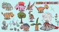 Color illustration of small dinosaurs and trees, plants, stones, for design in Doodle style