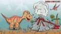 Color illustration_5_of small dinosaurs and trees, plants, stones, for design in Doodle style