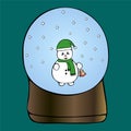 Snowman in a crystal ball. Colored vector illustration. Isolated green background. Cartoon style. Magic Crystal. Bell ringing. 