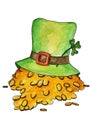 Color illustration for St. Patrick`s Day with hat, shamrock and gold coins. Watercolor sketching. Template for design postcards