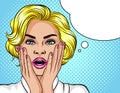 Color illustration in the style of pop art. The blonde girl opened her mouth in surprise. Beautiful woman in shock. The gir Royalty Free Stock Photo