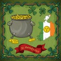 Color illustration on the theme of St. Patricks day celebration, leprechaun pot with gold coins Royalty Free Stock Photo