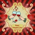 Color illustration on the theme of Valentines day, hands, glasses of wine, a ready-made layout design, postcards, stickers and